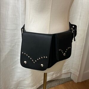 Warrior Creek Black Studded Belt Bag with Pockets and Inside Zipper Pouch.